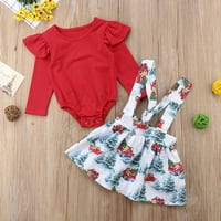 Совалка дърво малко дете бебе момиче рокля набор, разрошване Дълъг ръкав твърди гащеризон + Смешно модел Печатни рокля съоръжения