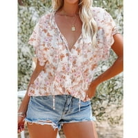 Yyeselk дамски теглене модерни графични върхове флорални принт блуза къса ръкав туника v Вратни тениски ризи редовно прилепване лято свободно тениска розово xxl