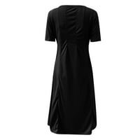Рокли за жени с къс ръкав твърди ежедневни средно дълги а-линия кръгло деколте лятна рокля черна 5хл