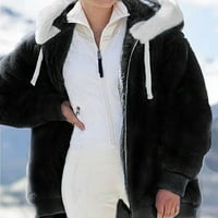 Ловско руно палто за жени Извънгабаритни цип Дълъг ръкав качулато яке зимата топло Плюс размер Шерпа палто Черно -