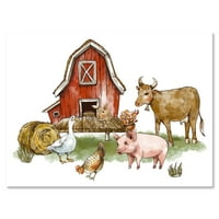 Ферма къща с гъска крава прасе пиле и купа сено живопис платно изкуство печат