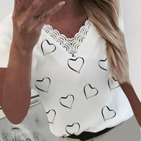 Дамски върхове жени сърца печат v-образен дантелен пачуърк с къс ръкав тениска пуловер блуза бяла xxl