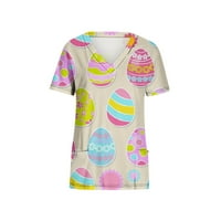 Ecqkame Великденски униформи за жени Великденски яйца зайче заек отпечатани работещи униформени блуза тениска небрежна къса ръкав с v-образно деколте с джобни каки l п