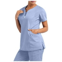 Жени плътни цветове с къс ръкав v върхове на шията работещи униформени джобни блуза синьо