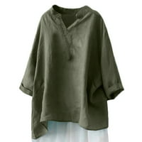 Charella Womens V-образно деколте с дълъг ръкав хлабав бутон памучен бельо туника ризи летни ризи блуза с джобни зелени, s