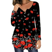 Плюс размер върхове западни върхове за дами бутон нагоре Хенли Нагънат пуловер хлабав туника Дълъг ръкав тениски Флорални печатни блузи дамски Есен мода модерен червен с