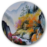 Дизайнарт 'трептящ планински пейзаж С Малка къща' традиционен кръг метал Арт-диск от 36