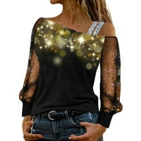 Mrulic тениски за жени жени ежедневни горни блузи пайети за печат с дълъг ръкав студена рамо риза свободна сплитане блуза топ женски тениски жълти + s