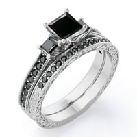 Art Deco 3-камък 0. TCW Princess Cut Lab създаде черна диамант катедрала пави-канал сватбен пръстен в 18K бяло злато покритие над сребро