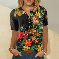 Bazyrey Womens Summer Tops Графична отпечатана блуза женска Henley Casual Short Luse Floral тениски за бутон Downt-Shirts Orange 3XL