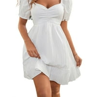 Небрежна обикновена сладурана шия рокля с къса ръкав бели дамски рокли