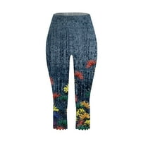 Дамски Панталони дамски ежедневни комфорт отпечатани участък Висока талия ластик изрязани панталони курорт стил плаж гамаши панталони Капри за жени Светло синьо