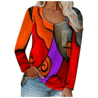 Мода дамска мода контраст Пачуърк хлабав геометричен печат случайни Дълъг ръкав тениска-оранжев с