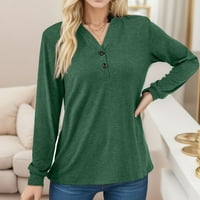 Ризи за жени плътни цветове v бутон за шия свободен дълъг ръкав есен плътни цветове върхове