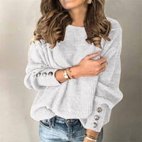 Пуловери за жени Модни солидни лък якички Твърди бутони с дълъг ръкав плетен небрежен топъл елегантен пуловер