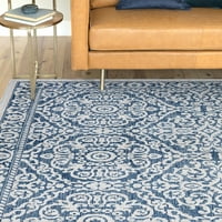 Традиционна зона килим флорален син, крем хол лесен за почистване