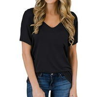 Блуза Leylayray за жените за случайни модни модни модни V-образни вещи твърд цвят разхлабена тениска с къси ръкави черна L
