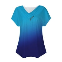 Дамски върхове Лято жени V-образно свободно време с къс ръкав Небрежни графични щампи ризи синьо l