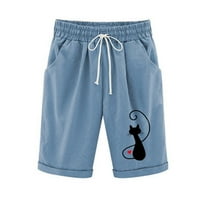 Бермудски къси панталони за жени памучно бельо небрежни къси панталони еластична талия графични къси шорти летни ежедневни изрязани къси панталони, подгъва се твърди цветове шорти 1-сини s