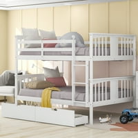 Двуетажно легло за деца, тийнейджъри и възрастни, модерно двуетажно легло с чекмеджета и стълба за спалня, малко дете ниско двуетажно легло със склад за стая за гости, Бяло