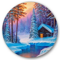 Дизайнарт 'Стара колиба в зимна гора във вечерно сияние' традиционен кръг метал Арт-диск от 36