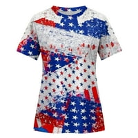 Тениски на американски флаг за дамски дантела с къс ръкав кръгла шия разхлабена ежедневна тениска на блузи, бяла xxl