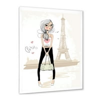 Дизайнарт 'сладко момиче от обиколката Париж Айфеловата кула' детско изкуство рамка Арт Принт