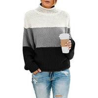 Пуловер за жени- Екипай ший ежедневни удобни плетени върхове шев цвят свободно време отгоре пуловер върхове с дълъг ръкав черно