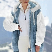 Жени цветен блок fau sherling палто топла качулка с цип размито зимно яке с джобове l