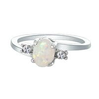 Подарък за Свети Валентин Изящно женско стерлингово сребърен пръстен Овален изрязан огън Опал диамантен лента пръстени пръстени