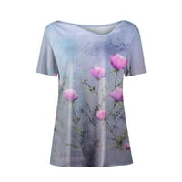 Дамски блузи блуза флорална къса ръкав плюс размер женски плюс летни ризи с v-образно деколте лилаво xl