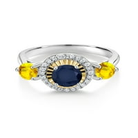 Gem Stone King 1. Ct кръг синьо сапфир жълто сапфир сребро и 10K жълто злато лаборатория отглеждана диамантен камък жени годежен пръстен