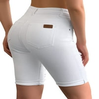 Roswear Жените затруднени коляно дължина дълги дънкови къси панталони разкъсани еластични джински шорти бели големи