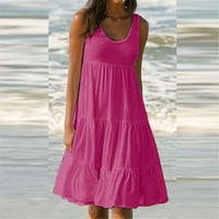 Рокли за жени Лято без ръкави Кръгъл врат, твърд цвят сплайсиране Големия люлка рокля горещо розово xl