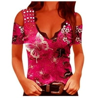 Scyoekwg върхове за жени секси ежедневни ежедневни летни ризи с къс ръкав модерни сладки върхове v-образно студено рамо горни