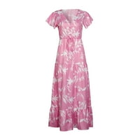 DMQUPV TURTLENECK Рокля Женска небрежна модна мода с къса рокля ръкав щампа v врата флорална дантелена бутон без ръкави летни рокля рокля розово голям