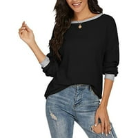 Женски ризи женски небрежен свободен солиден цвят с дълъг ръкав с дълги ръкави с дълъг ръкав кръгла тениска в шията отгоре черно L