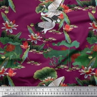 Soimoi Rayon Crepe Fabric Sandhill Crane, листа и лотос флорален декор от отпечатан двор