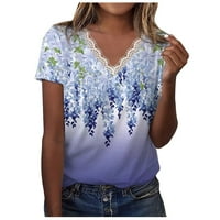 Mlqidk дантелена тапицерия v тениски за шия за жени флорални летни върхове с къси ръкави ризи ежедневни туники, сини xl