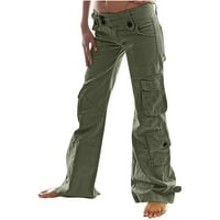 Женски товарни панталони с много джоба свободен плътно цветен бутон еластична талия направо широки панталони за краката ежедневно модерен уличен стил спортни дрехи Army Green XXL