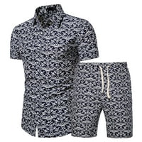 Yubnlvae костюми за мъже Мъжки лято 2-част плаж отпечатани ризи с къс ръкав и къси панталони комплекти синьо