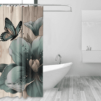 Флорална завеса за баня флорална завеса за баня, синьо цвете и пеперуда на рустикални дървени дъски душ завеси с куки, в страната тематични завеси за баня