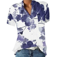 Ханас блузи дамски бизнес модни тениски, секси в-врата ризи с къс ръкав, флорални печатни бутон нагоре лято чай Топ с джоб синьо л