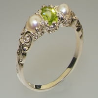 Британски изработени 9k бяло злато естествено перидот и култивиран перлен женски пръстен за трилогия - Опции за размер - размери до налични