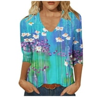 Caveitl върхове за жени, женски моден печат на разхлабени тениски ръкави блуза с v-образно деколте на небрежни върхове синьо, m
