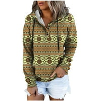 Jsaierl Hoodies for Women Aztec Graphic Button Up Суичър Топ западен етнически дълъг ръкав лек качунен пуловер ретро суитчър