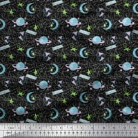 Soimoi Black Poly Georgette Fabric Moon & Stars Galaxy Print Sheing Fabric Wide