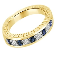 Симулиран син сапфир и бял естествен диамант Античен стил сватбена лента пръстен в 14K жълто злато