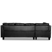 Мера секционен диван с шезлонг и табуретка за съхранение, ПУ кожени квадратни възглавници, Черен, БО от 3