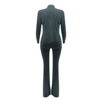 Комплект за жени официални блузи и панталони в-врата твърди бизнес елегантен дълъг ръкав клирънс Тъмно сив костюм Комплекти размер М